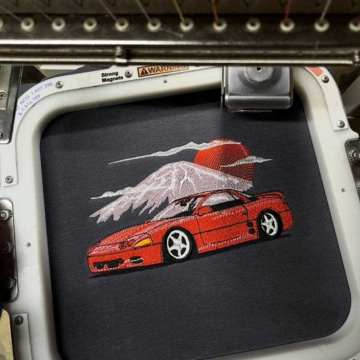 Rotes Sportauto vor Mond- und Bergsilhouette, im Stickrahmen einer Mehrkopf-Stickmaschine